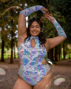 Secret Of Life Mushroom White Reflective Bodysuit With Sleeves -I Hear Raves 4.17.25E Forest.Fairy .LIB1143