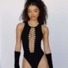 Bass Destruction Cutout Bodysuit -I Hear Raves Bass Destruction Cutout Bodysuit Black Front