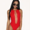 Bass Destruction Cutout Bodysuit-Red 1 Bass Destruction Cutout Bodysuit-Red -I Hear Raves Bass Destruction Cutout Bodysuit Red Front