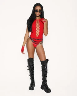 Bass Destruction Cutout Bodysuit-Red -I Hear Raves Bass Destruction Cutout Bodysuit Red Full