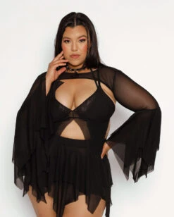 Dark Arts Mesh Bell Sleeve Ultra Crop Top -I Hear Raves Dark Arts Mesh Bell Sleeve Ultra Crop Top Black C1 Front