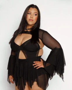 Dark Arts Mesh Bell Sleeve Ultra Crop Top -I Hear Raves Dark Arts Mesh Bell Sleeve Ultra Crop Top Black C1 Side