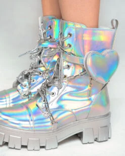 Dreamy Dazzle Holo Combat Boots With Charms & Heart Pocket -I Hear Raves Dreamy Dazzle Holo Combat Boots With Charms Heart Pocket Detail