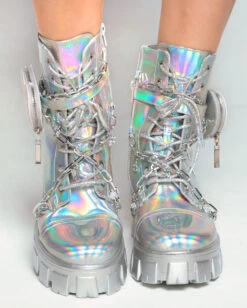 Dreamy Dazzle Holo Combat Boots With Charms & Heart Pocket -I Hear Raves Dreamy Dazzle Holo Combat Boots With Charms Heart Pocket Front