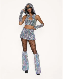 Happy Hour White Reflective Mini Skirt -I Hear Raves Happy Hour White Reflective O Ring Top Full 2