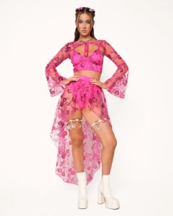 Glimmer In The Garden Tie-Front Ultra Crop Top -I Hear Raves Heaven s Dust Tie Front Ultra Crop Top Pink Full