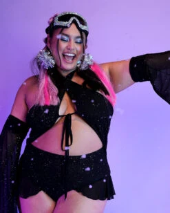 Holo Star Mesh Halter Bodysuit Set -I Hear Raves Holo Star Mesh Halter Bodysuit Set C1 Front