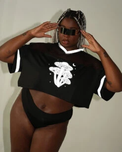 Mushroom Silver Reflective Cropped Football Jersey -I Hear Raves Mushroom Silver Reflective Cropped Football Jersey Reflective C1 Lifestyle