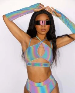 Hologlow Rainbow Reflective Arm Warmers -I Hear Raves Party Lights Rainbow Reflective Cutout Top Rainbow Lifestyle