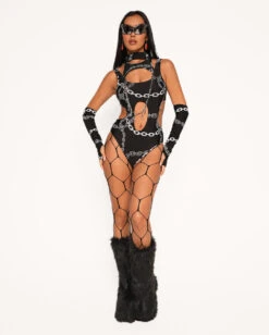 Power Surge Silver Reflective Chain Bodysuit & Sleeve Set -I Hear Raves Power Surge Silver Reflective Chain Bodysuit Sleeve Set Full