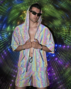 Pure Euphoria White Rainbow Reflective Shorts -I Hear Raves PureEuphoriaWhiteRainbowReflectiveHoodedSet