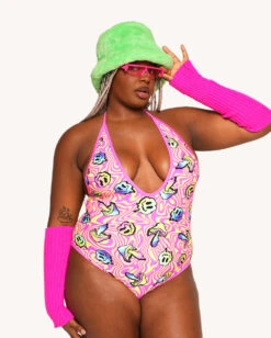 Rolita Couture X IHR Am I Tripping Halter Bodysuit -I Hear Raves Rolita Couture x iHR Am I Tripping Halter Body C1 Front
