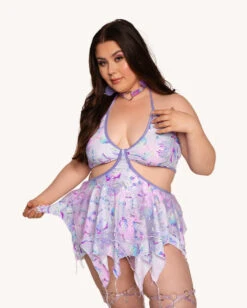 Rolita Couture X IHR Cosmic Chrome Pixie Baby Doll Dress -I Hear Raves Rolita Couture x iHR Cosmic Chrome Pixie Baby Doll Dress C1 Front