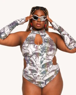 Secret Of Life Mushroom White Reflective Bodysuit With Sleeves -I Hear Raves Secret Life of A Mushroom White Reflective Bodysuit with Sleeves C1 Front