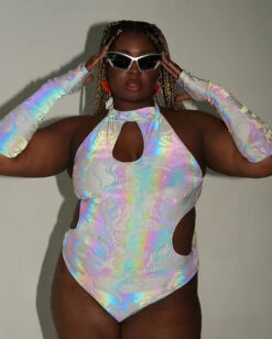 Secret Of Life Mushroom White Reflective Bodysuit With Sleeves -I Hear Raves Secret Life of A Mushroom White Reflective Bodysuit with Sleeves C1 Reflective