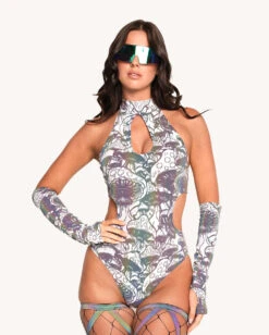 Secret Of Life Mushroom White Reflective Bodysuit With Sleeves -I Hear Raves Secret Life of A Mushroom White Reflective Bodysuit with Sleeves New Front
