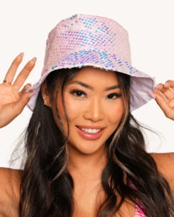 Twinkling Sequin Bucket Hat -I Hear Raves Twinkling Sequin Bucket Hat Baby Pink Front