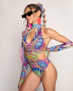 Viper Vision Halter Cutout Bodysuit With Gloves 13 Viper Vision Halter Cutout Bodysuit With Gloves -I Hear Raves Viper Vision Halter Cutout Bodysuit with Gloves Side