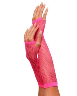 Warped Revelations Fingerless Fishnet Arm Warmers -I Hear Raves Warped Revelations Fingerless Fishnet Gloves NeonPink Side